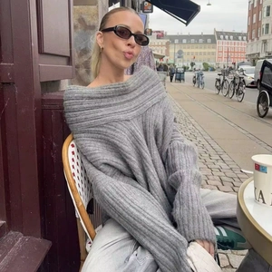 Women Casual Oversized Off Shoulder Ribbed Knit Sweater Long Sleeve Lazy Style Chunky Pullover Solid Color Polyester Jumper Top