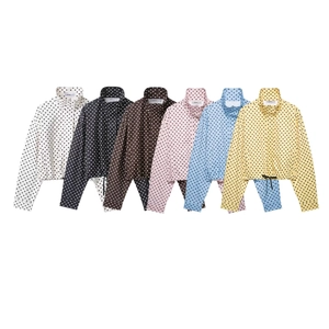 Cropped polka dot jacket set for women in white, black, pink, blue, and yellow colors