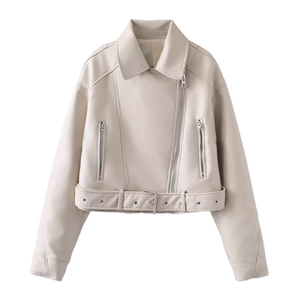 Women's Chic PU Leather Moto Jacket Short Faux Leather Biker Coat With Adjustable Belt Lapel Collar Street Fashion Outerwear