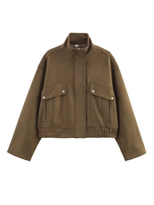 Short brown suede bomber jacket with cargo pockets and stand collar in casual style