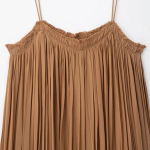 Brown pleated camisole dress with golden beaded neckline and slim straps for women