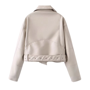 Beige cropped faux leather biker jacket for women with belted hem and back seam detail