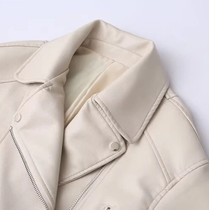 Classic beige faux leather biker jacket with lapel collar and metal zipper detail