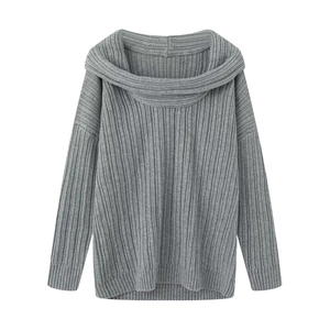 Women's minimalist off-shoulder grey rib-knit sweater in a relaxed long-sleeved loose fit