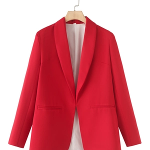 Women's shawl collar blazer in vibrant red with long sleeves and welt pockets