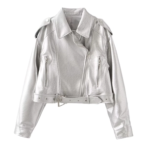 Metallic silver faux leather biker jacket with asymmetrical zipper and belted waist detail