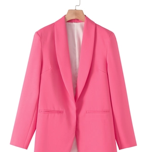 Elegant hot pink women's shawl lapel blazer jacket with long sleeves and pockets