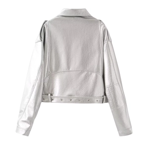 Silver metallic motorcycle jacket for women with adjustable belt and back view design