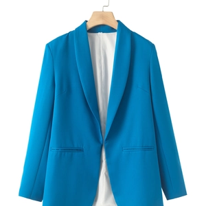 Women's minimalist shawl collar blazer in vibrant royal blue with clean open front tailoring