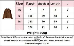 Detailed size chart for brown loose casual jacket showing bust and length measurements
