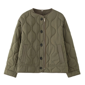 Detailed view of army green onion-quilted jacket featuring side zipper and button closure