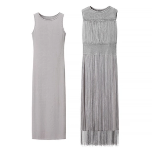 Conjunto de vestido de punto gris de dos piezas con flecos largos para mujer
