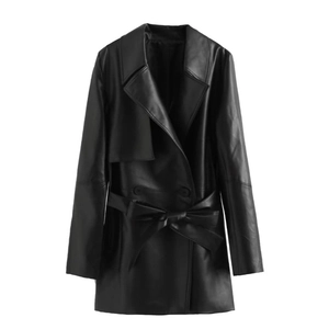 Women's Casual Black Faux Leather Mid-length Trench Coat With Belt Loose Fit Long Sleeve PU Jacket For Autumn Winter