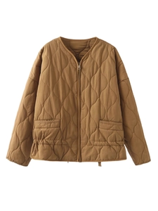 Women's brown wave quilted jacket with front zipper closure and relaxed drop shoulders