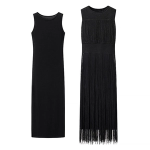Conjunto de dos piezas de vestidos negros sin mangas de punto con detalles de flecos retro