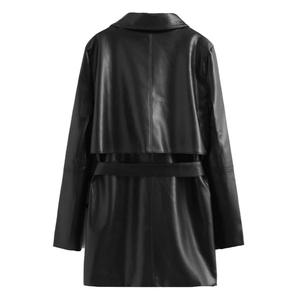 Back view of black faux leather trench coat with waist belt and classic windbreaker yoke