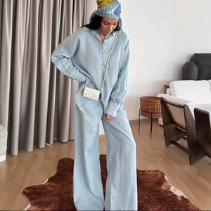 Set Top And Bottom da Donna Casual Tinta Unita Camicia a Maniche Lunghe e Pantaloni a Gamba Larga Elegante Loungewear Outfit