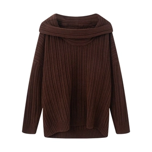 Classic dark brown off-shoulder knit sweater with elegant ribbed vertical textures