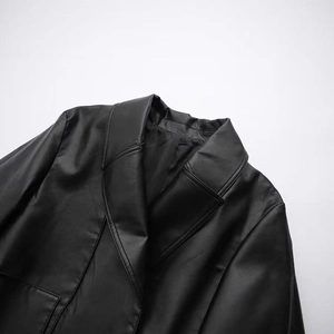 Women's minimalist black faux leather short trench coat with classic wide lapels
