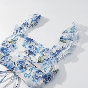 French style floral top with blue butterfly print and ruffled square neckline