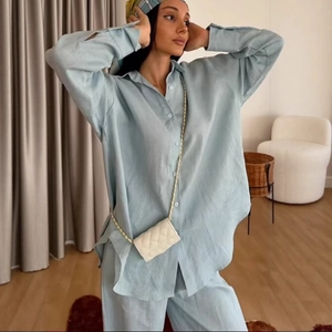 Set donna in cotone e lino con camicia oversize e pantaloni a gamba larga menta
