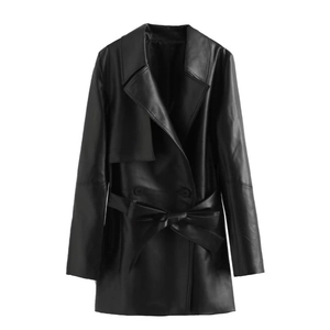 Women's black faux leather trench coat featuring a notched lapel and belted waist