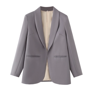 Elegant shawl collar open front blazer for women in a sophisticated grey purple finish