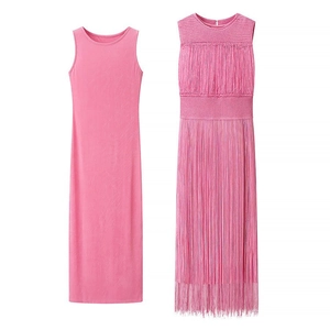 Conjunto de punto rosa para mujer con vestido largo sin mangas y falda con flecos
