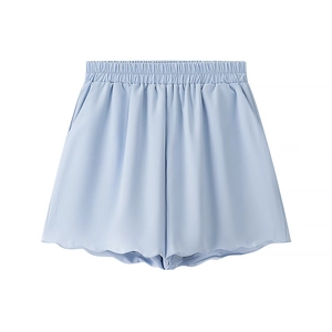 Detail of light blue high waist shorts with scalloped hem and elastic waistband