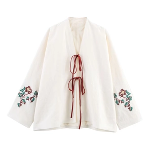 Women's Linen Blend Kimono Style Blouse Floral Embroidery Ribbon Bow Tie-Front V Neck Long Sleeve Ethnic Vintage Shirt