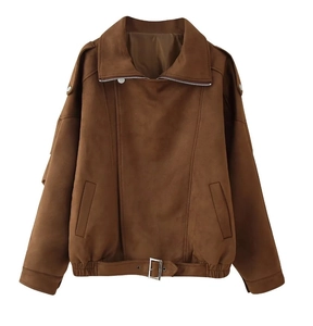Detail of brown faux suede jacket featuring metal zip, lapel collar, and belted waist hem