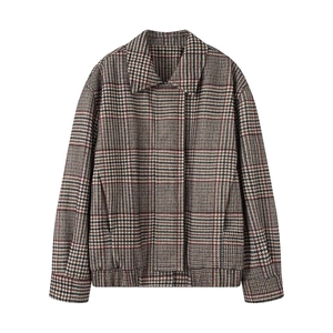 Vintage plaid bomber jacket with retro checkered pattern and padded wool blend fabric