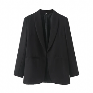 Blazer noir minimaliste pour femmes avec col châle et deux poches passepoilées