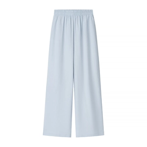 Pantalon large bleu clair pour femme en coton et lin avec taille haute élastique confortable