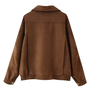 Rear view of brown suede jacket with classic collar and metallic cuff button details
