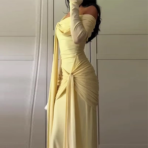 Women Elegant One Shoulder Ruched Maxi Dress Knot Detail Long Sleeve Slim Fit Polyester Knit Formal Evening Party Dress