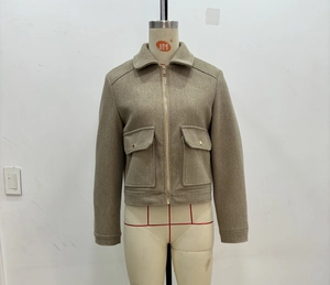Detail of khaki wool-feel utility jacket featuring classic collar and gold metal buttons