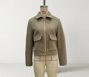 Detail of khaki wool-feel utility jacket featuring classic collar and gold metal buttons