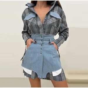 Chemise À Carreaux Manches Longues Et Short Taille Haute Style Streetwear Patchwork Poche Bouton Poignets À Nouer Mode