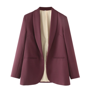 Women's burgundy shawl lapel blazer, casual open-front office jacket in street style