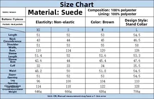 Guide des tailles pour veste en suédine marron avec mesures de coupe et détails du tissu