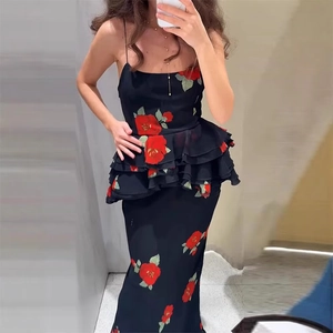 Women Floral Print Ruffle Top And Bottom Set Black Red Rose Off-Shoulder Camisole Top Maxi Skirt Streetwear Casual Outfit