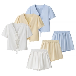 Women summer lounge set with scalloped edge short sleeve top and elastic waist shorts