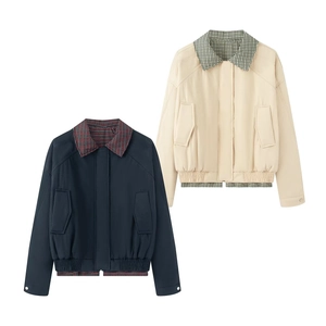 Women plaid lined Harrington jacket in navy and beige colors with front flap pockets