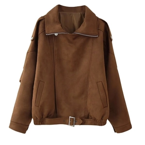Brown faux suede biker jacket with notched lapels and adjustable waist belt details