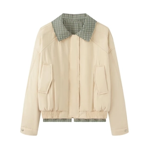 Beige cropped utility jacket for women with stylish black and white plaid collar detail