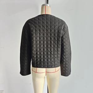 Back view of black long-sleeved diamond quilted jacket with lightweight padded fabric