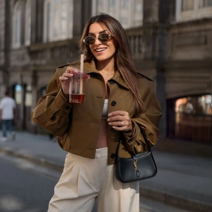 Women Fashion Single Breasted Pleated Short Windbreaker Jacket Lapel Long Sleeve Casual Commuter Epaulettes Solid Color Outerwear
