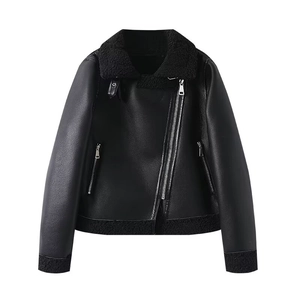 Veste Biker pour Femme en Simili Cuir Noir Double Face Fourrure Intégrée Chaude Doublée Polaire Revers Manteau Moto