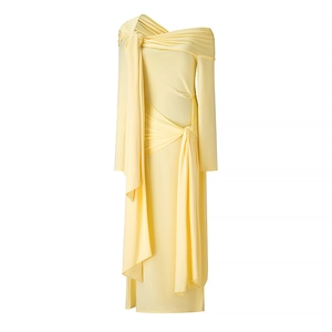 Elegant pale yellow off-shoulder long sleeve slim fit knitted midi dress with ruching